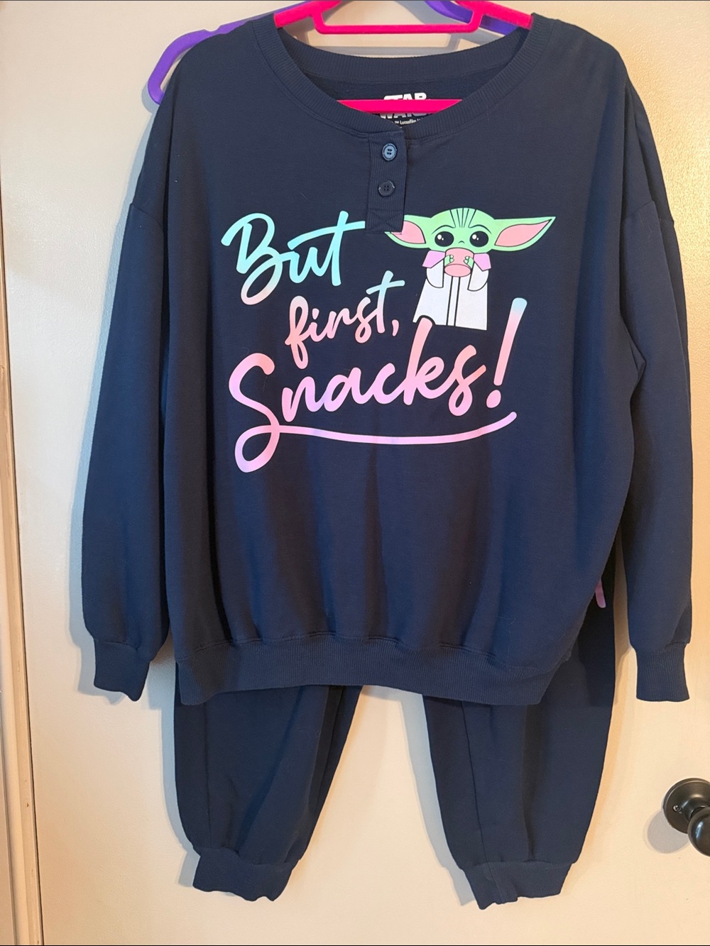 Star Wars Navy Blue 'But First, Snacks!' Pajama Set with Grogu Graphic